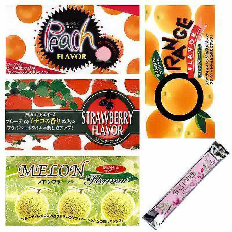 中西ゴム　ピーチ　ストロベリー　メロン　オレンジフレーバーコンドーム４点　＋　愛活ローション１２ｍｌセット